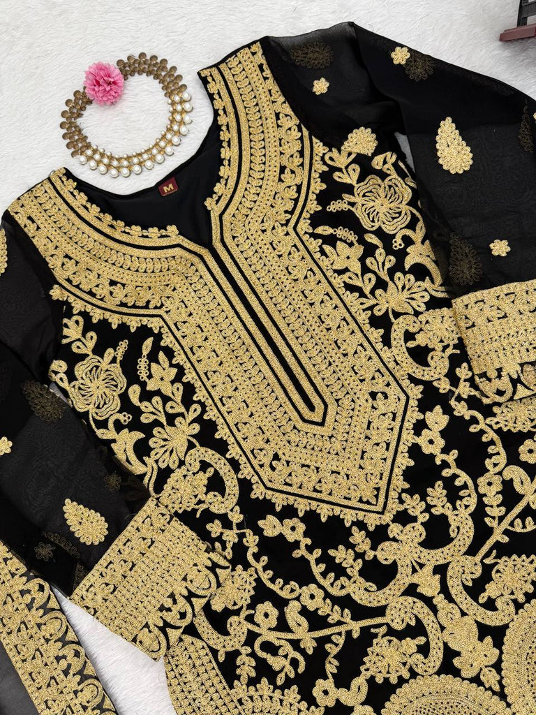 Black Faux Georgette Chinestitch Palazzo Set with Dupatta ClothsVilla