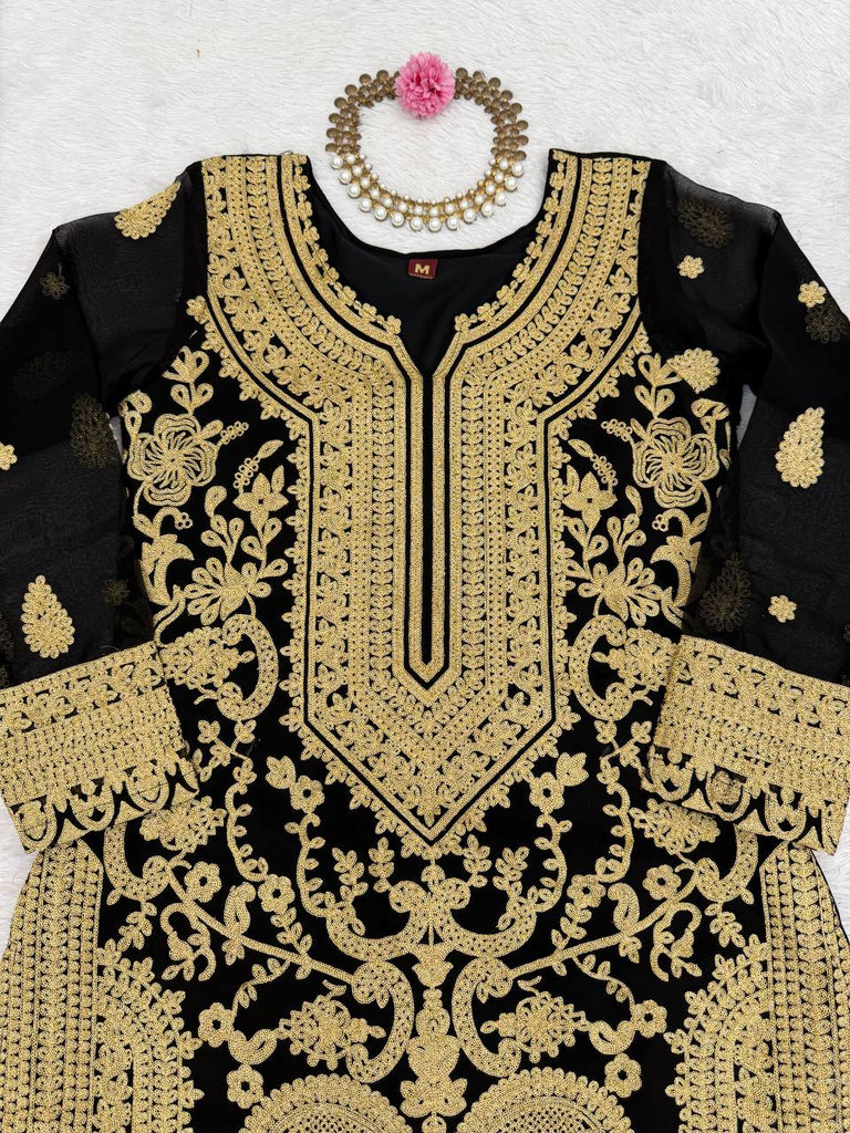 Black Faux Georgette Chinestitch Palazzo Set with Dupatta ClothsVilla