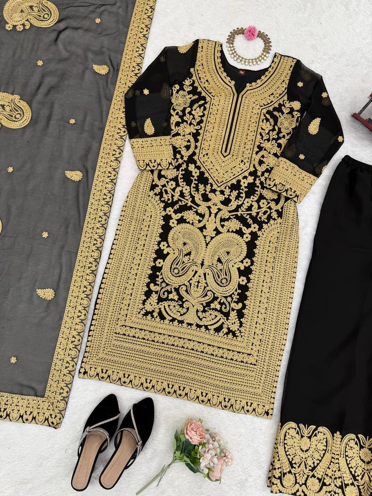 Black Faux Georgette Chinestitch Palazzo Set with Dupatta ClothsVilla