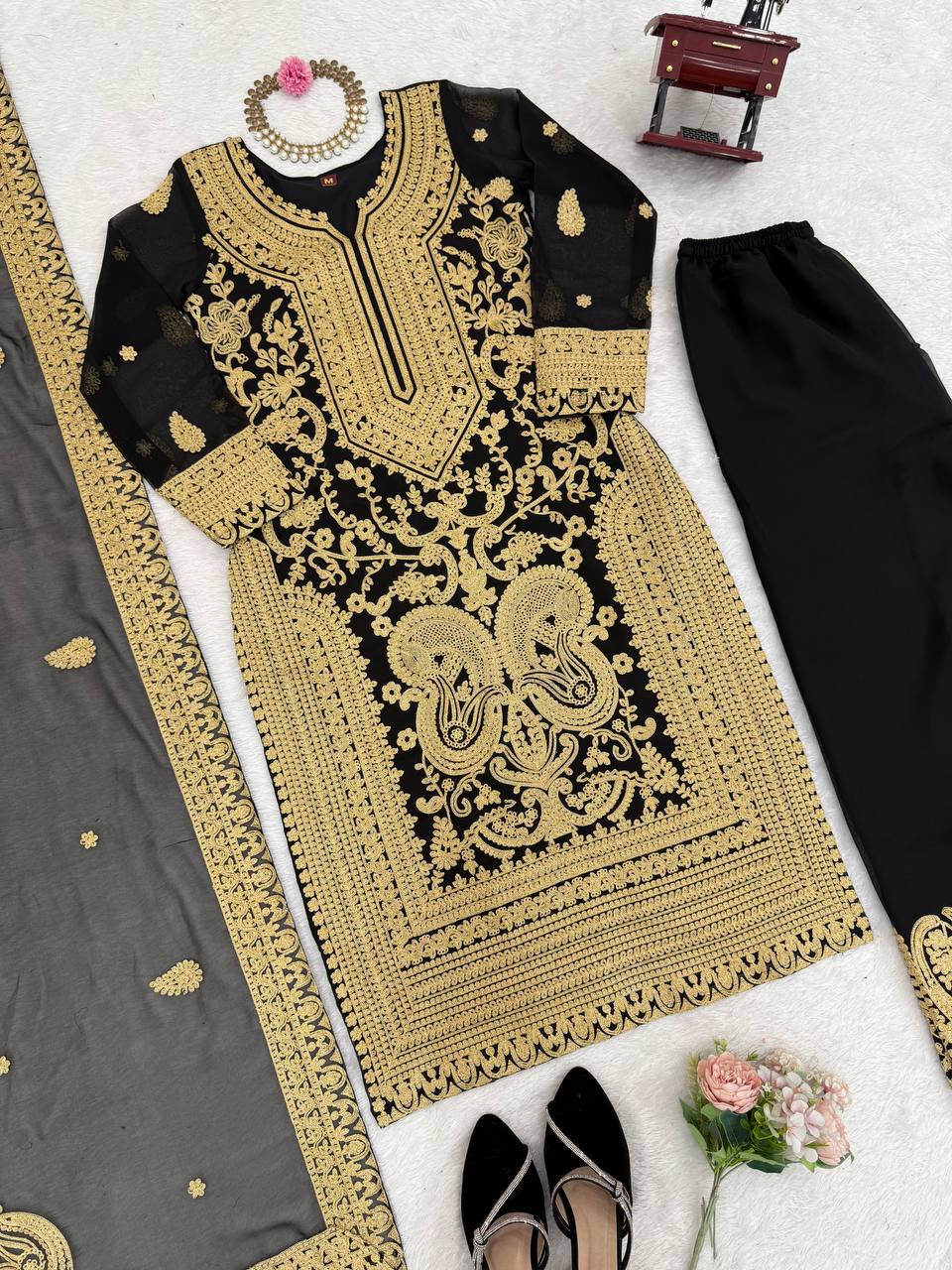Black Faux Georgette Chinestitch Palazzo Set with Dupatta ClothsVilla