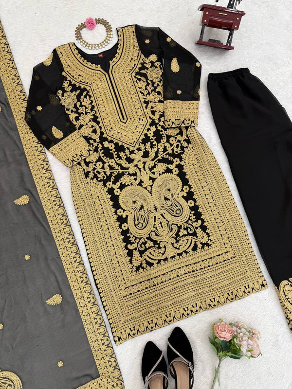 Black Faux Georgette Chinestitch Palazzo Set with Dupatta ClothsVilla
