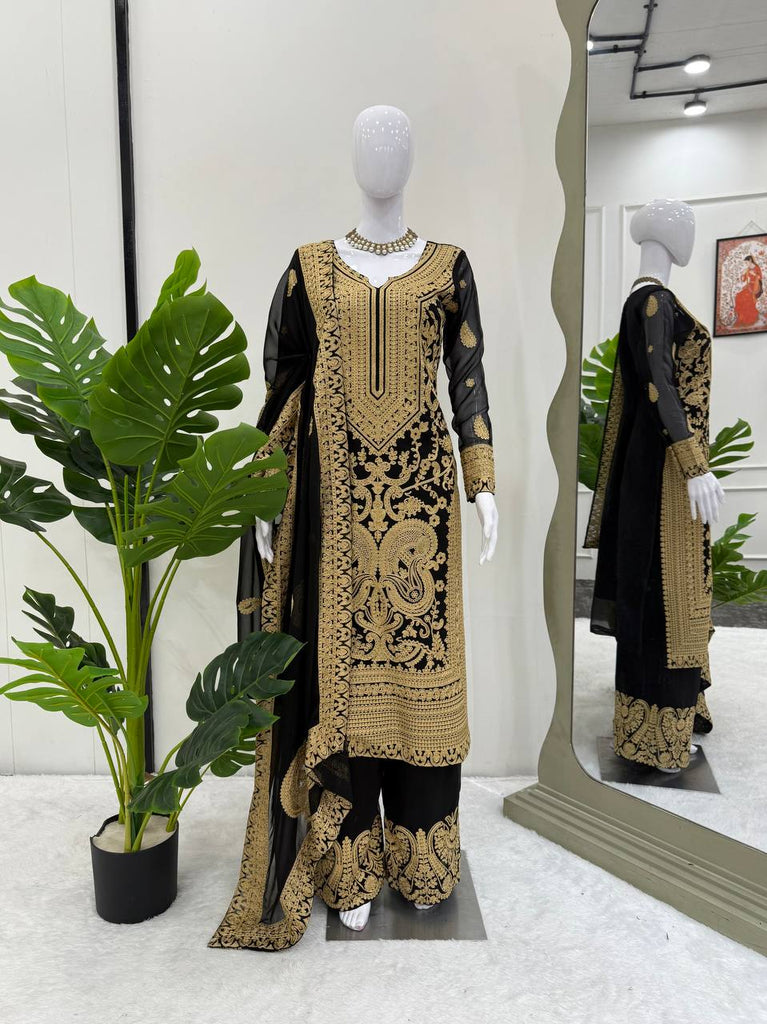 Black Faux Georgette Chinestitch Palazzo Set with Dupatta ClothsVilla