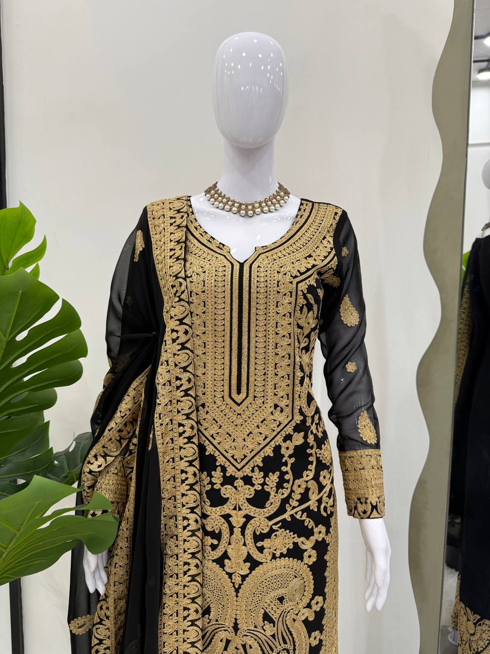 Black Faux Georgette Chinestitch Palazzo Set with Dupatta ClothsVilla