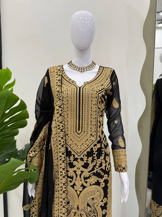 Black Faux Georgette Chinestitch Palazzo Set with Dupatta ClothsVilla