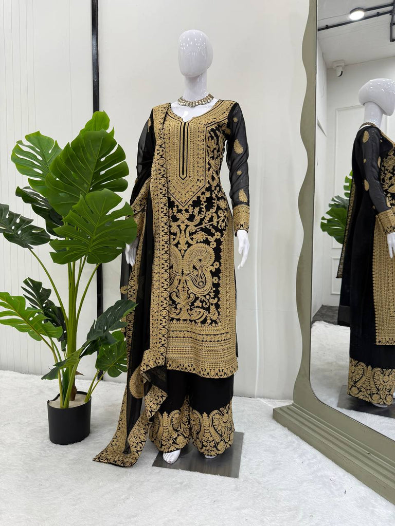 Black Faux Georgette Chinestitch Palazzo Set with Dupatta ClothsVilla