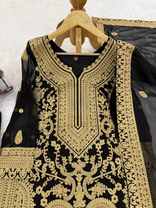 Black Faux Georgette Chinestitch Palazzo Set with Dupatta ClothsVilla