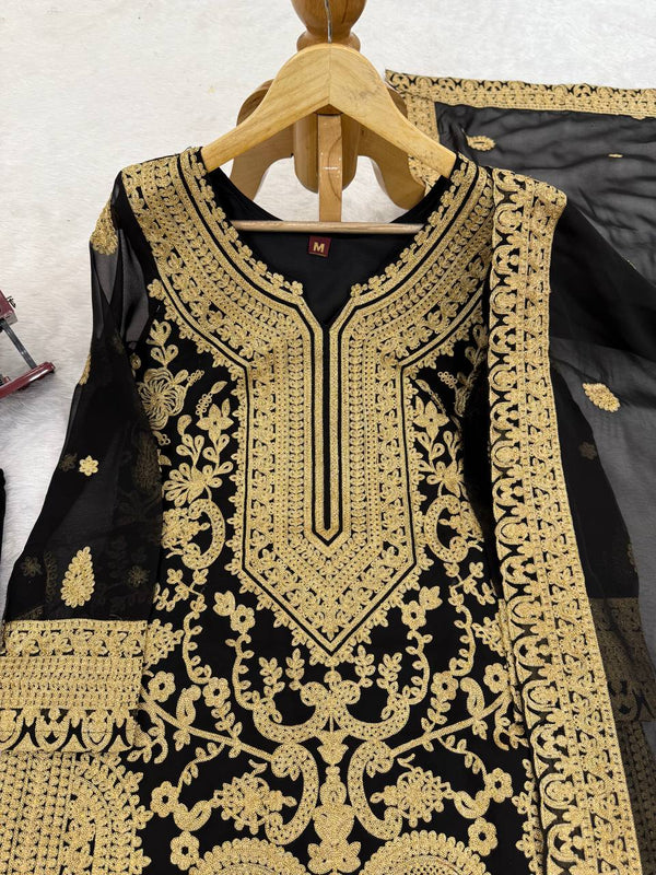 Black Faux Georgette Chinestitch Palazzo Set with Dupatta ClothsVilla