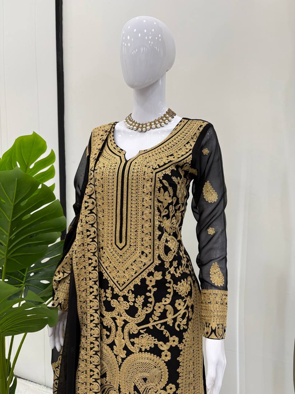 Black Faux Georgette Chinestitch Palazzo Set with Dupatta ClothsVilla