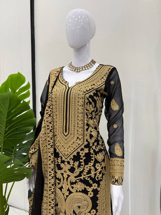Black Faux Georgette Chinestitch Palazzo Set with Dupatta ClothsVilla
