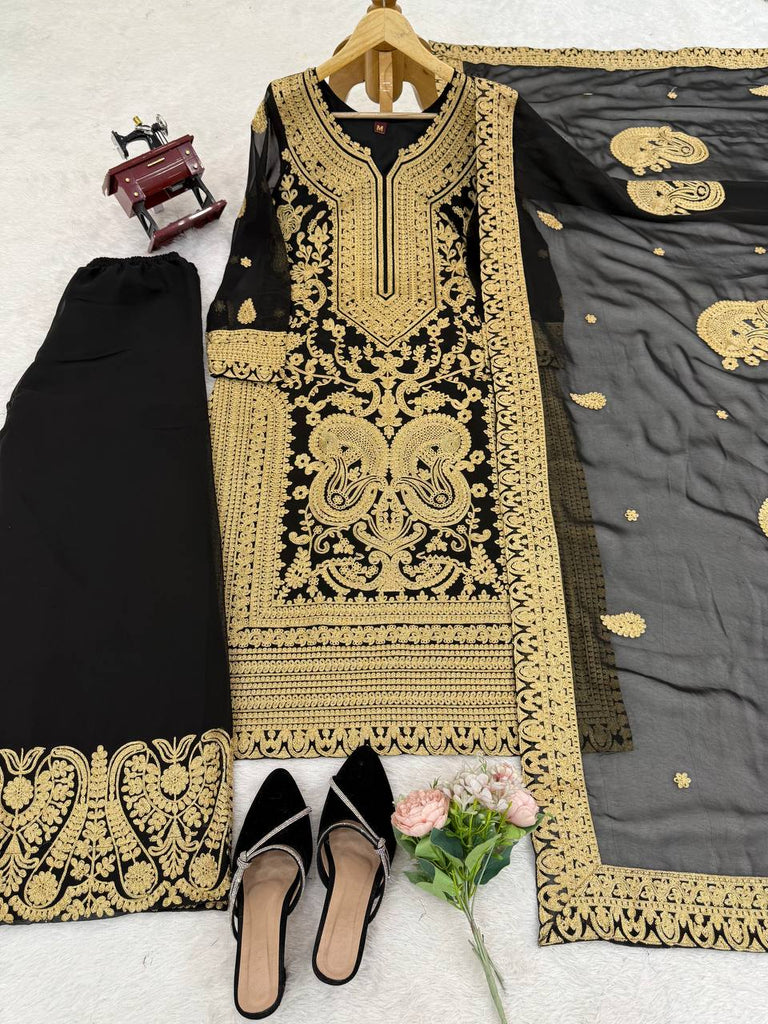 Black Faux Georgette Chinestitch Palazzo Set with Dupatta ClothsVilla