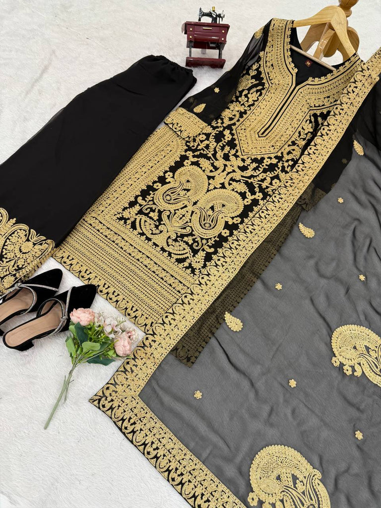 Black Faux Georgette Chinestitch Palazzo Set with Dupatta ClothsVilla