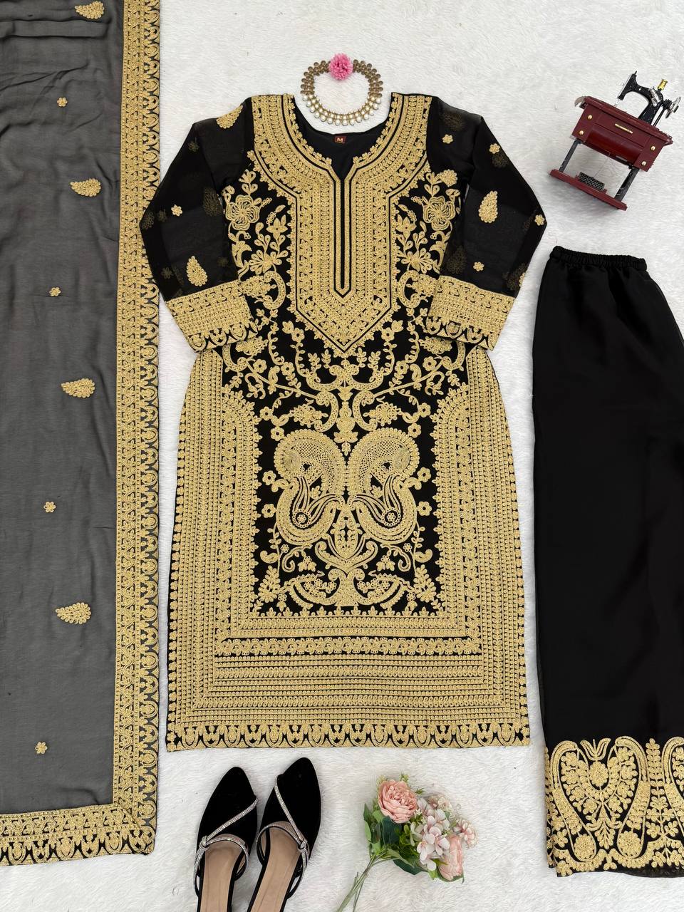 Black Faux Georgette Chinestitch Palazzo Set with Dupatta ClothsVilla