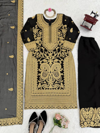 Black Faux Georgette Chinestitch Palazzo Set with Dupatta ClothsVilla