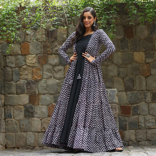 Black Faux Georgette Designer Suit with Muslin Shrug and Digital Print ClothsVilla