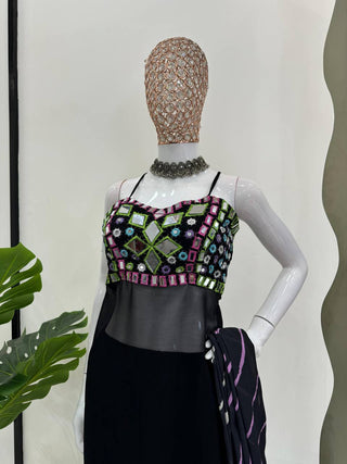 Black Faux Georgette Mirror Work Top with Printed Dupatta & Micro Pant Ethnic 3-Piece Set ClothsVilla