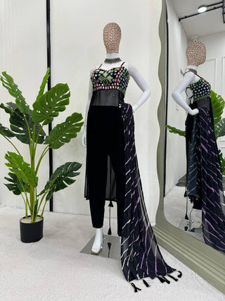 Black Faux Georgette Mirror Work Top with Printed Dupatta & Micro Pant Ethnic 3-Piece Set ClothsVilla