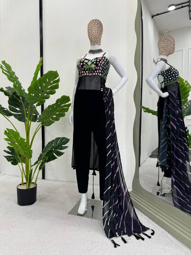 Black Faux Georgette Mirror Work Top with Printed Dupatta & Micro Pant Ethnic 3-Piece Set ClothsVilla