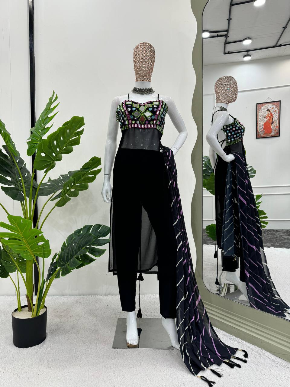 Black Faux Georgette Mirror Work Top with Printed Dupatta & Micro Pant Ethnic 3-Piece Set ClothsVilla
