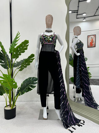 Black Faux Georgette Mirror Work Top with Printed Dupatta & Micro Pant Ethnic 3-Piece Set ClothsVilla