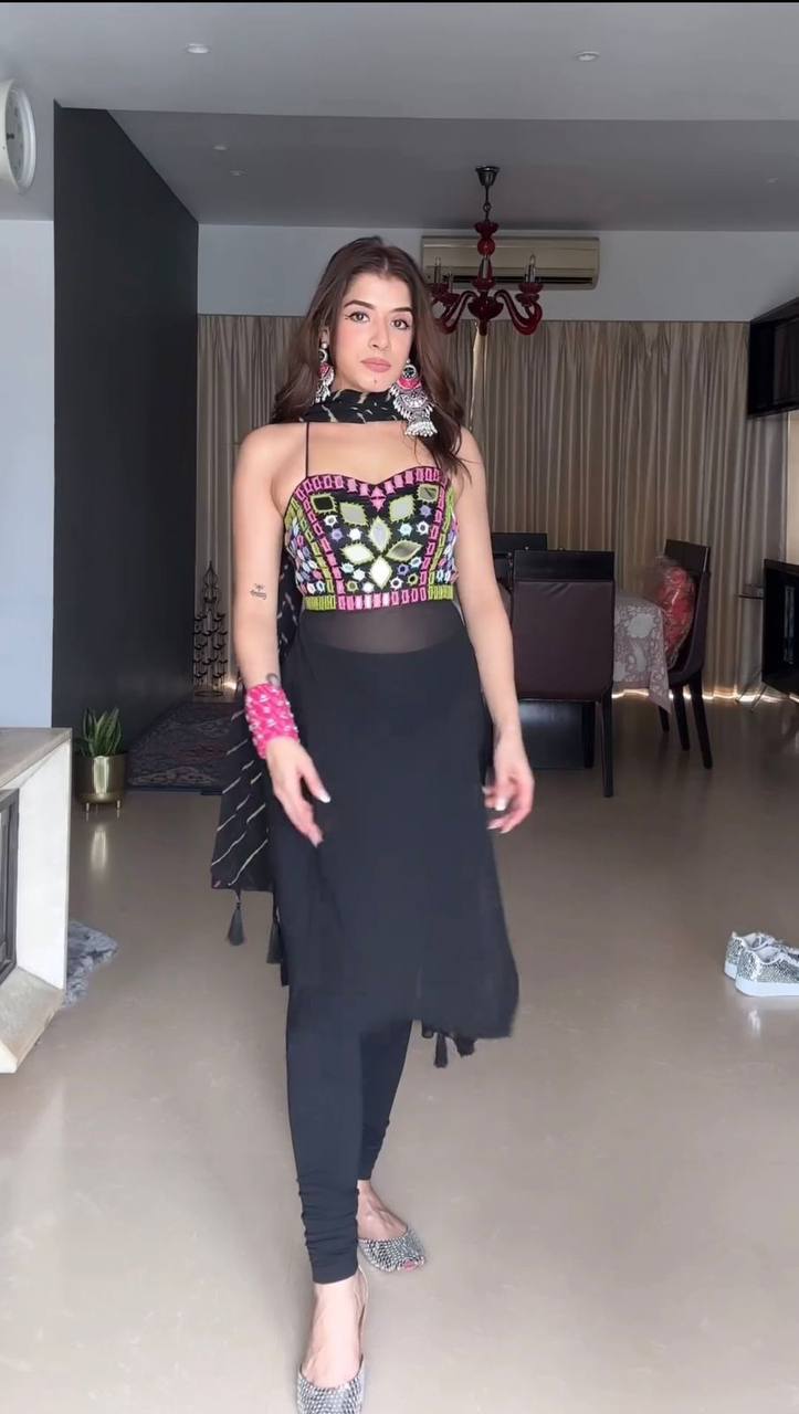 Black Faux Georgette Mirror Work Top with Printed Dupatta & Micro Pant Ethnic 3-Piece Set ClothsVilla Main image