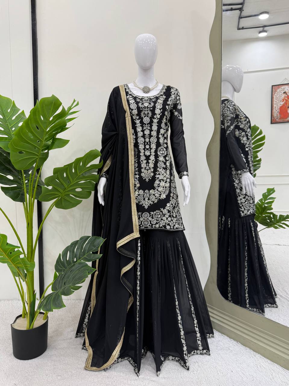 Black Faux Georgette Sharara Set with Thread & Sequin Work Full Stitched Outfit with Lace Border Dupatta ClothsVilla Main image