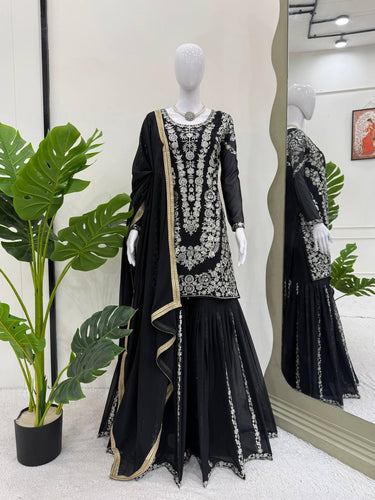 Black Faux Georgette Sharara Set with Thread & Sequin Work Full Stitched Outfit with Lace Border Dupatta ClothsVilla