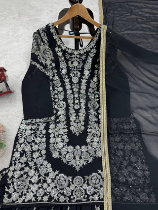 Black Faux Georgette Sharara Set with Thread & Sequin Work Full Stitched Outfit with Lace Border Dupatta ClothsVilla