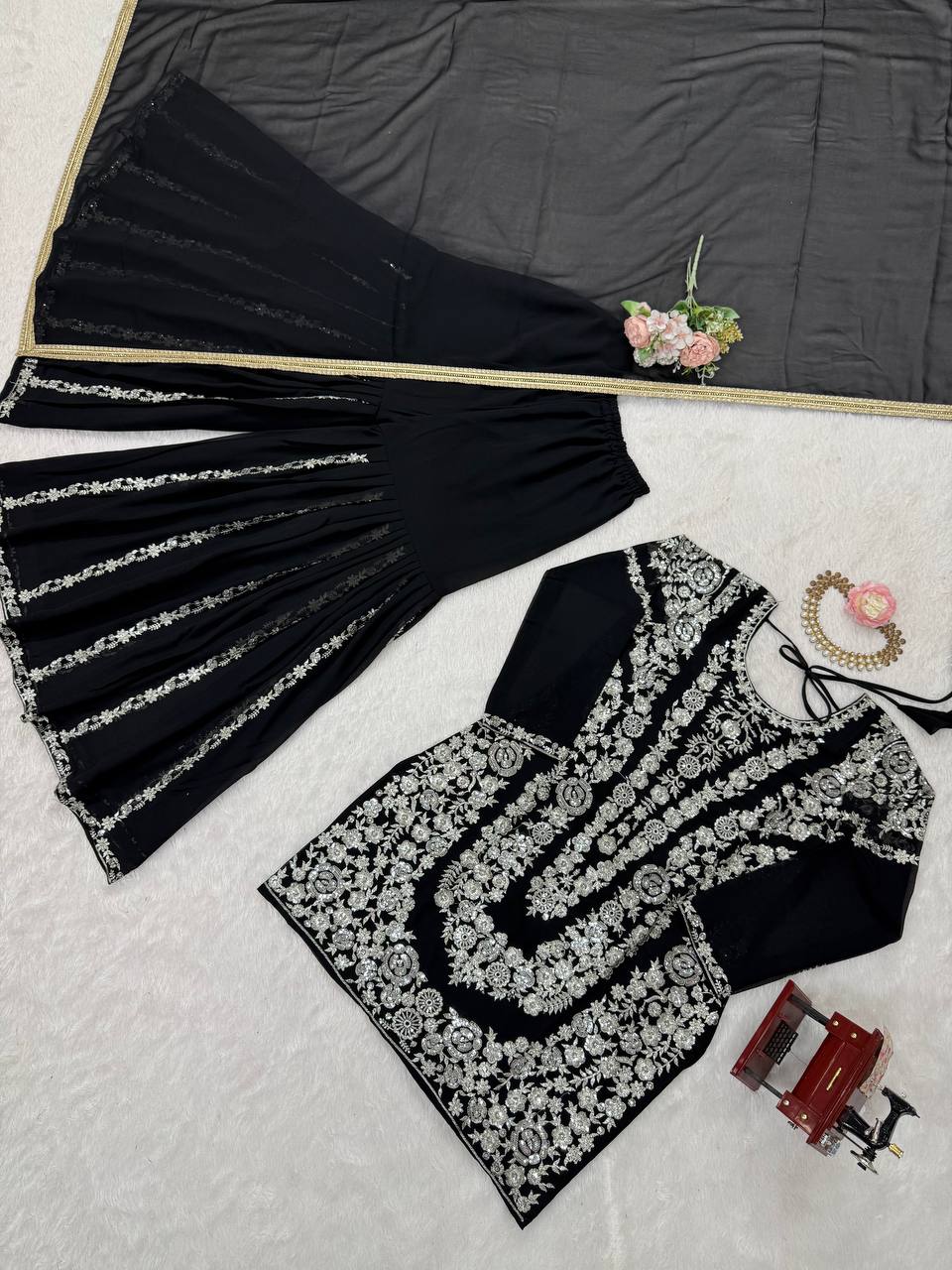 Black Faux Georgette Sharara Set with Thread & Sequin Work Full Stitched Outfit with Lace Border Dupatta ClothsVilla