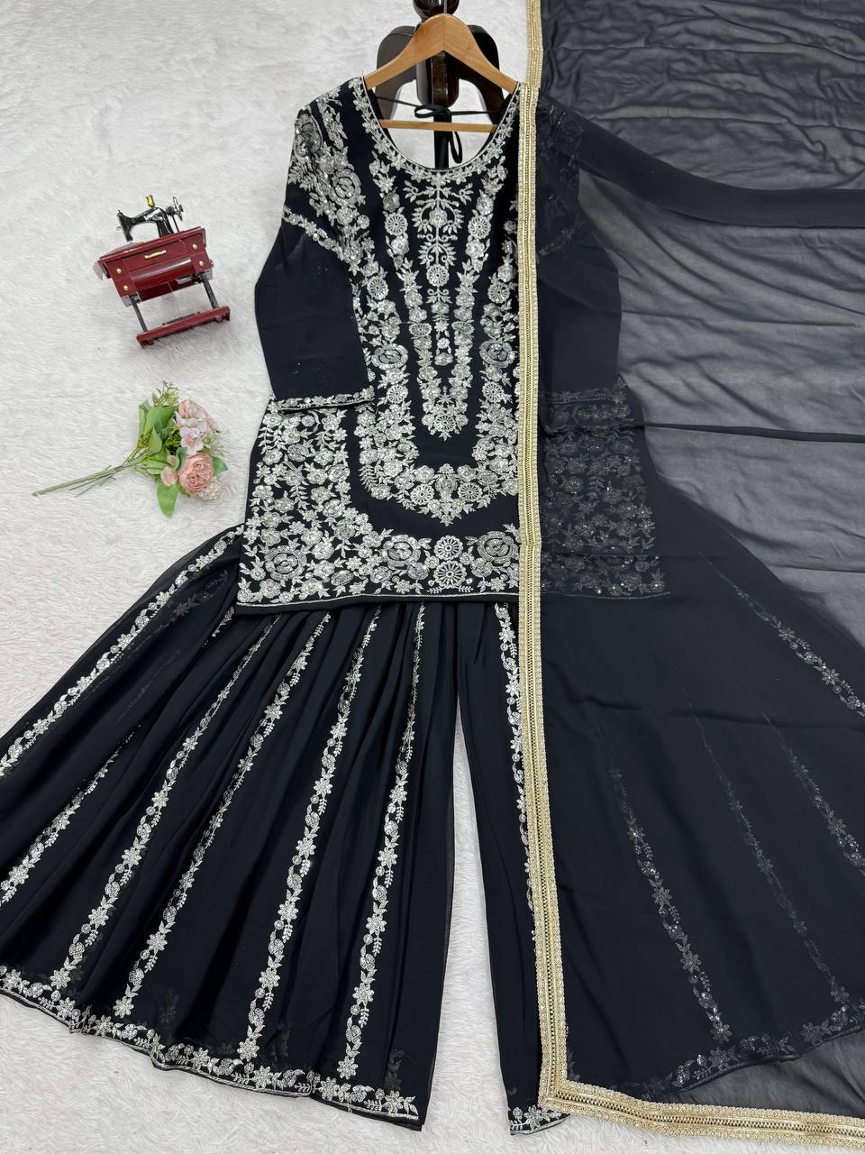 Black Faux Georgette Sharara Set with Thread & Sequin Work Full Stitched Outfit with Lace Border Dupatta Secondary image