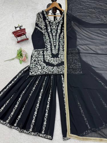 Black Faux Georgette Sharara Set with Thread & Sequin Work Full Stitched Outfit with Lace Border Dupatta ClothsVilla