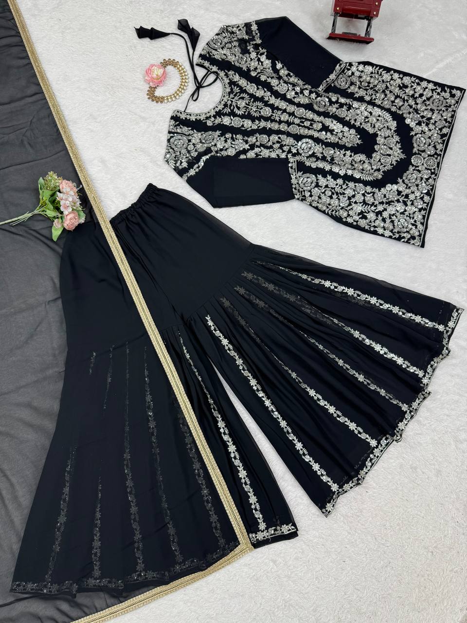 Black Faux Georgette Sharara Set with Thread & Sequin Work Full Stitched Outfit with Lace Border Dupatta ClothsVilla