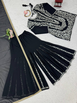 Black Faux Georgette Sharara Set with Thread & Sequin Work Full Stitched Outfit with Lace Border Dupatta ClothsVilla