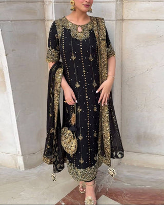 Black Faux Georgette Thread & Sequin Work Top with Micro Cotton Pant and Dupatta Set ClothsVilla