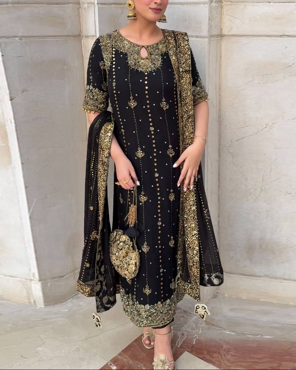 Black Faux Georgette Thread & Sequin Work Top with Micro Cotton Pant and Dupatta Set ClothsVilla