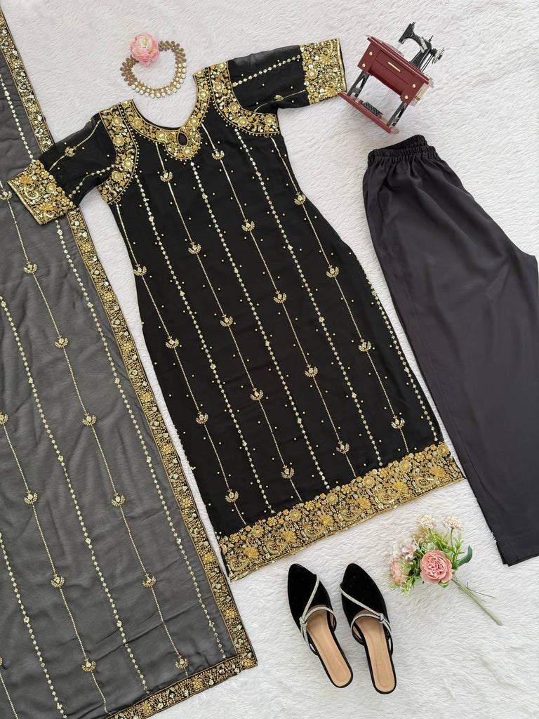 Black Faux Georgette Thread & Sequin Work Top with Micro Cotton Pant and Dupatta Set ClothsVilla