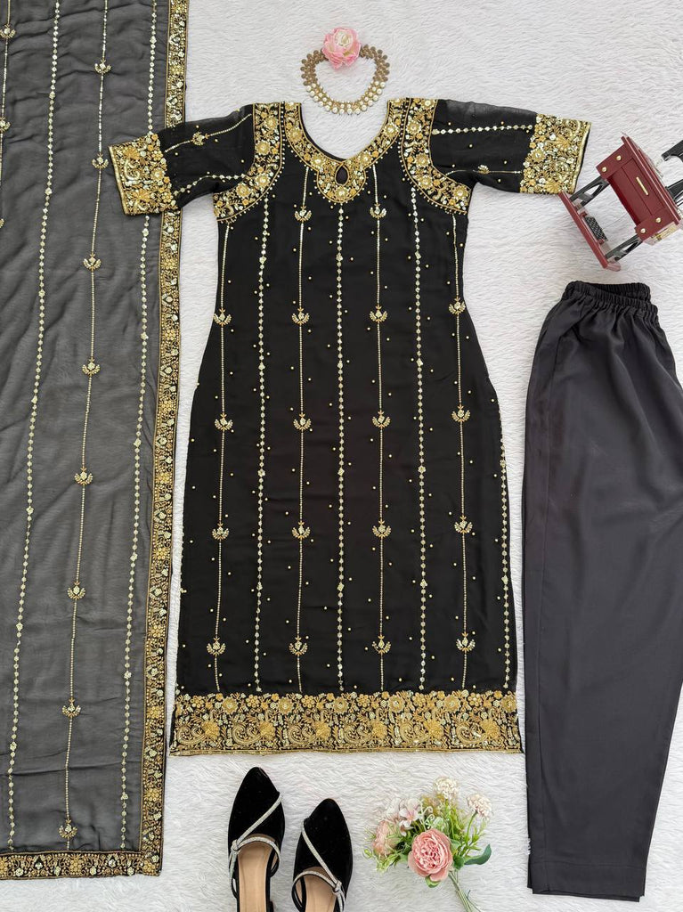 Black Faux Georgette Thread & Sequin Work Top with Micro Cotton Pant and Dupatta Set ClothsVilla