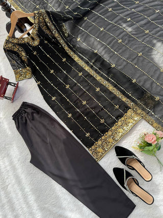 Black Faux Georgette Thread & Sequin Work Top with Micro Cotton Pant and Dupatta Set ClothsVilla