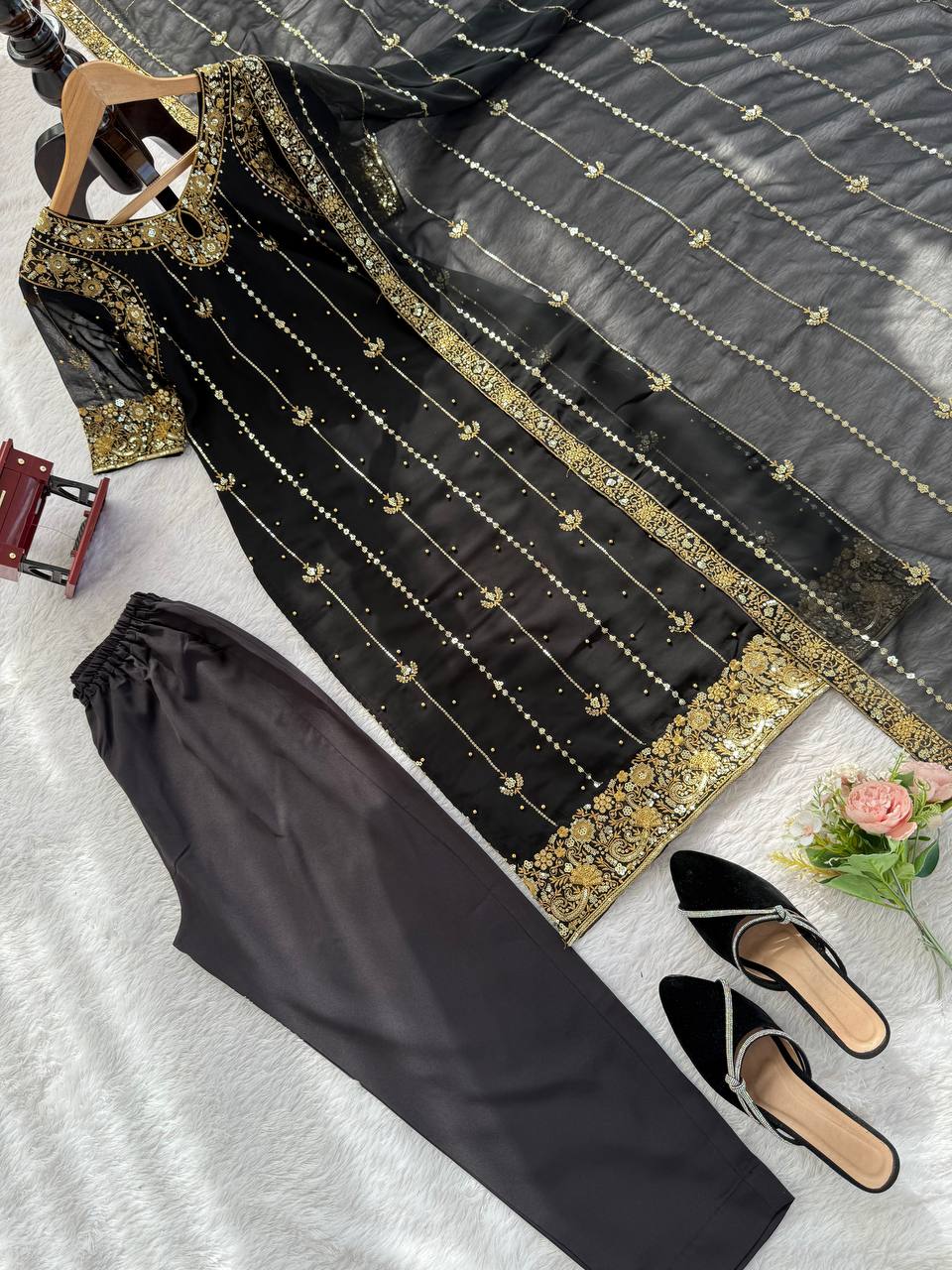 Black Faux Georgette Thread & Sequin Work Top with Micro Cotton Pant and Dupatta Set ClothsVilla