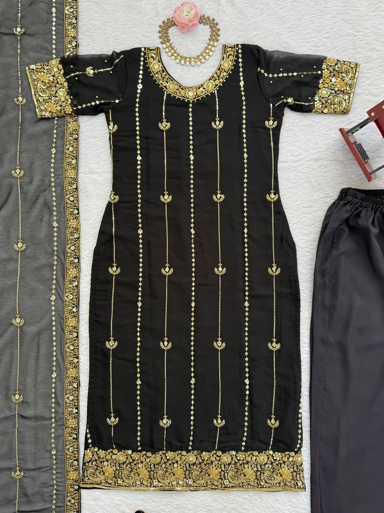 Black Faux Georgette Thread & Sequin Work Top with Micro Cotton Pant and Dupatta Set ClothsVilla