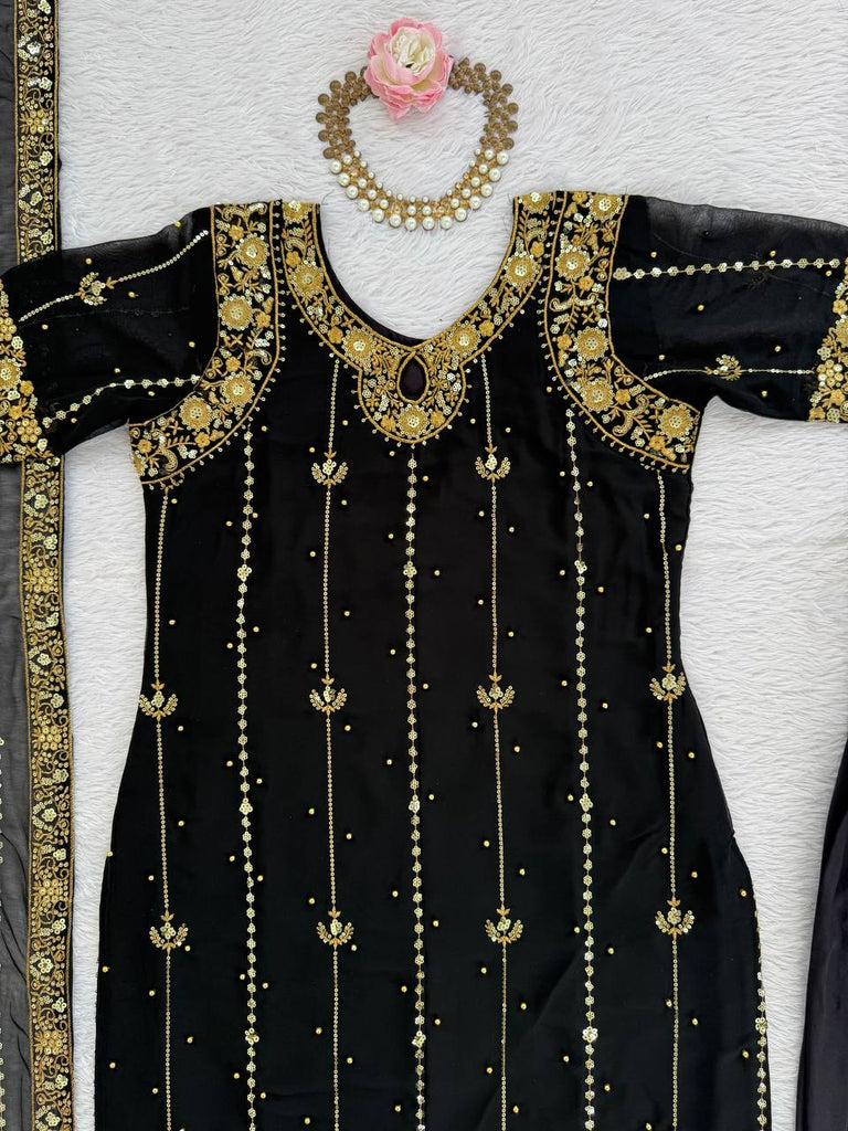 Black Faux Georgette Thread & Sequin Work Top with Micro Cotton Pant and Dupatta Set ClothsVilla