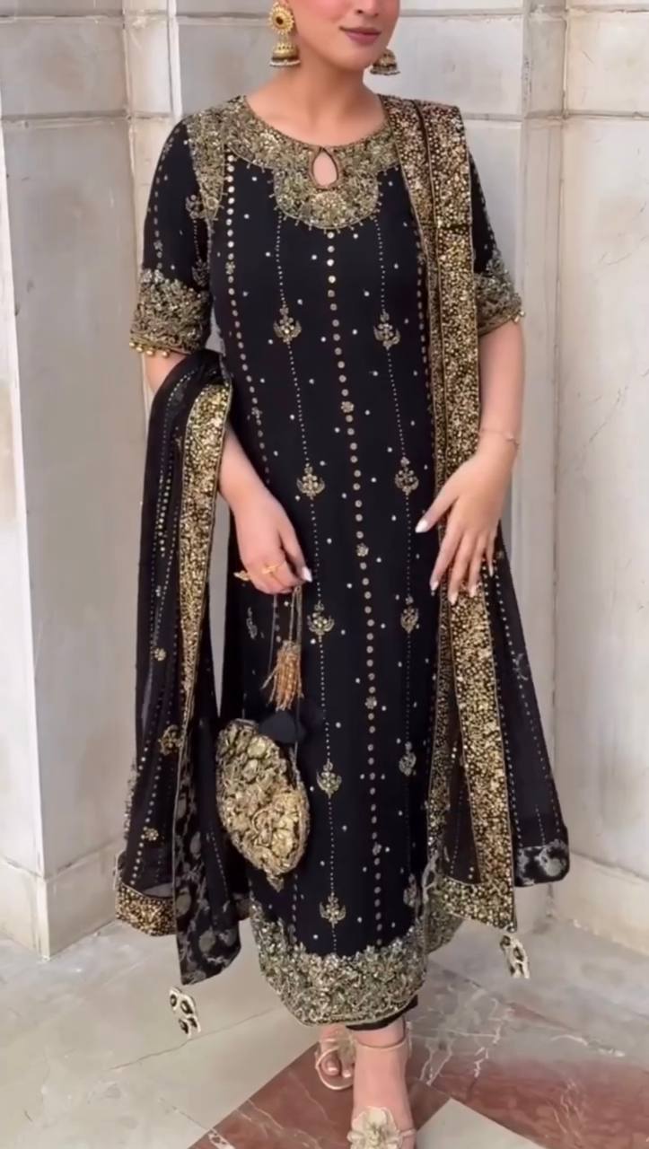 Black Faux Georgette Thread & Sequin Work Top with Micro Cotton Pant and Dupatta Set ClothsVilla