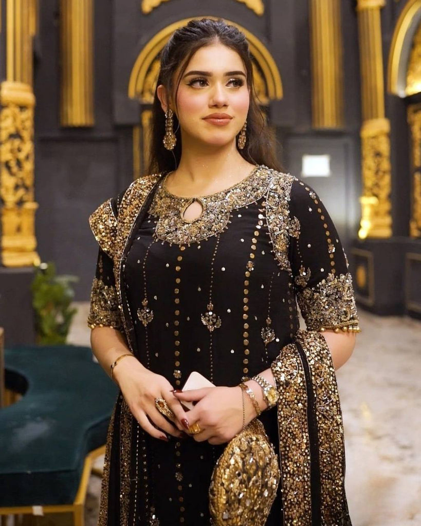 Black Faux Georgette Thread & Sequin Work Top with Micro Cotton Pant and Dupatta Set ClothsVilla