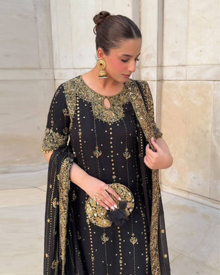 Black Faux Georgette Thread & Sequin Work Top with Micro Cotton Pant and Dupatta Set ClothsVilla