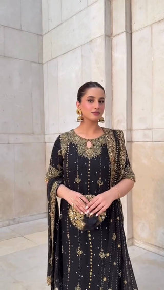 Black Faux Georgette Thread & Sequin Work Top with Micro Cotton Pant and Dupatta Set ClothsVilla