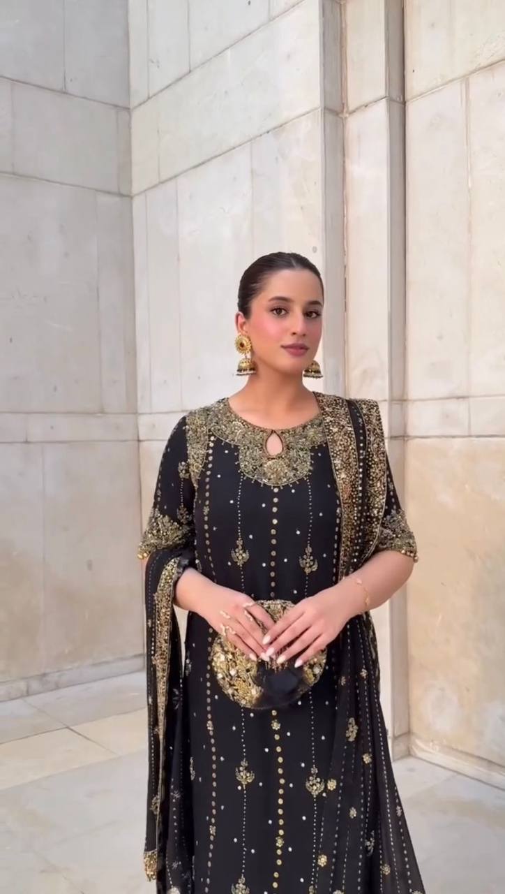 Black Faux Georgette Thread & Sequin Work Top with Micro Cotton Pant and Dupatta Set ClothsVilla Main image