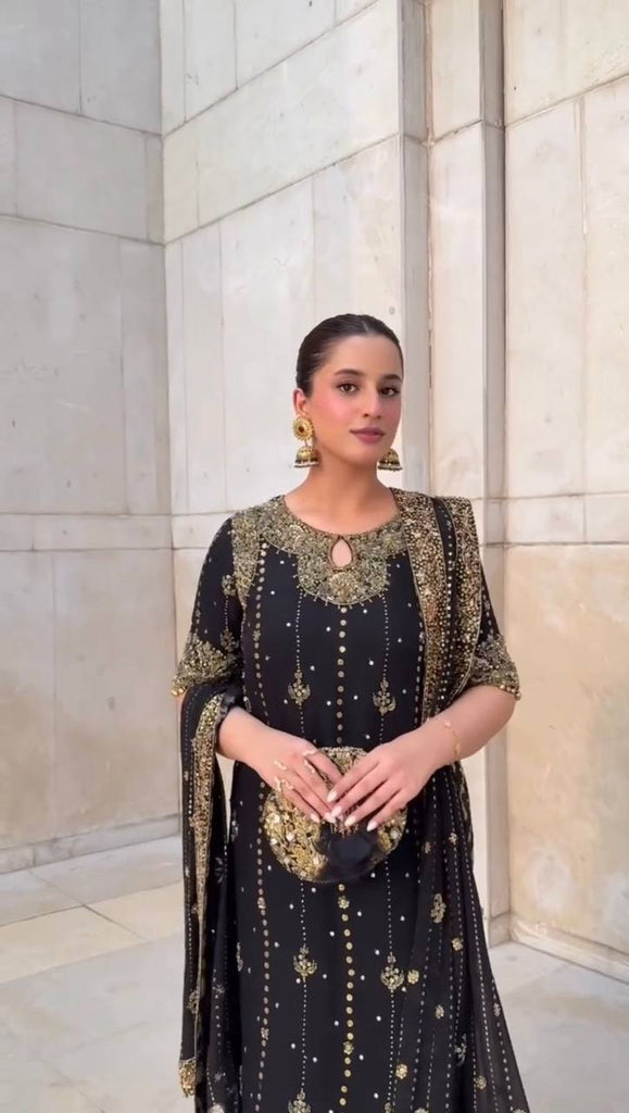 Black Faux Georgette Thread & Sequin Work Top with Micro Cotton Pant and Dupatta Set ClothsVilla