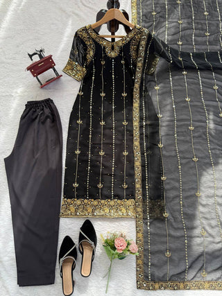 Black Faux Georgette Thread & Sequin Work Top with Micro Cotton Pant and Dupatta Set ClothsVilla