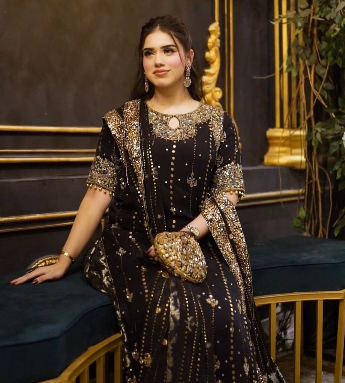 Black Faux Georgette Thread & Sequin Work Top with Micro Cotton Pant and Dupatta Set ClothsVilla