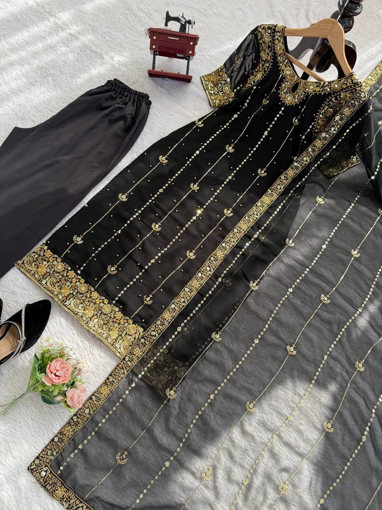 Black Faux Georgette Thread & Sequin Work Top with Micro Cotton Pant and Dupatta Set ClothsVilla