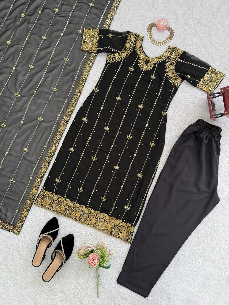 Black Faux Georgette Thread & Sequin Work Top with Micro Cotton Pant and Dupatta Set ClothsVilla